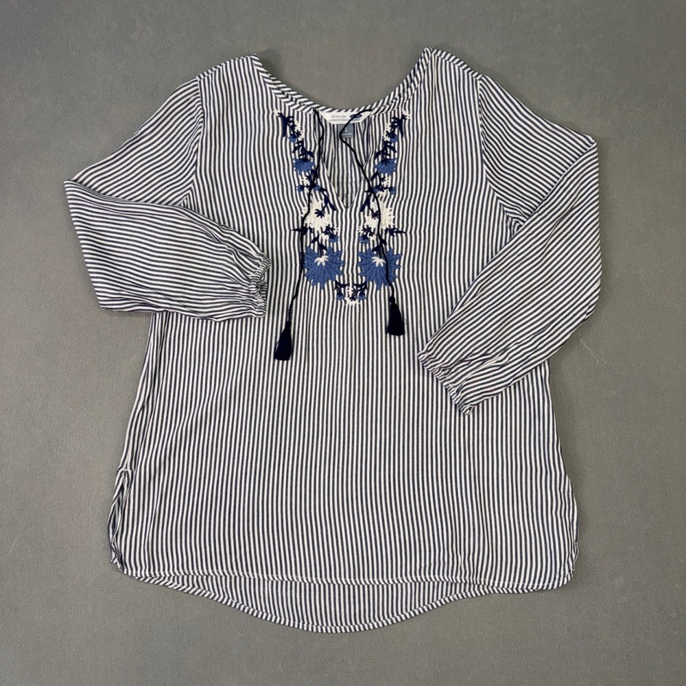 Old Navy The Tunic Shirt Navy White Striped Floral Embroidered Tassel Blouse S